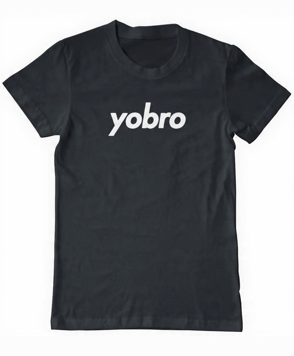 Black t-shirt with white 'yobro' text on center chest.